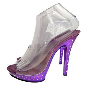 Fabulicious LIP Purple metallic rhinestone platform dancer clear strap heels 7